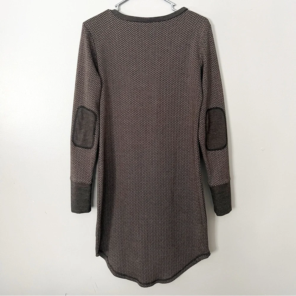 Kavu Brown Herringbone Sweater Dress Chevron Medium Elbow Patches Earthy Cozy